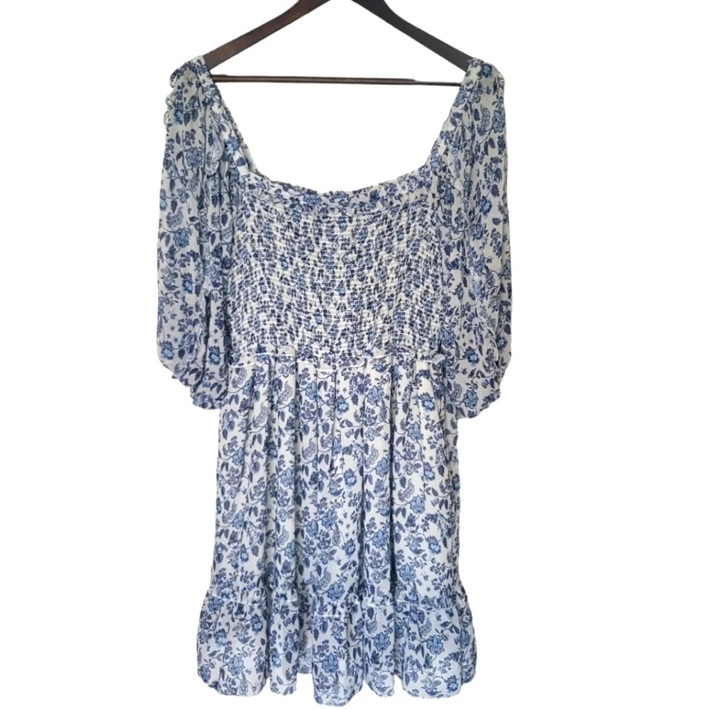 Super Natural Secret Mission Dress Med Blue‎ Floral Smock Cottage Garden Party - Picture 2 of 11
